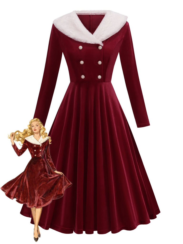 Robe rouge en velours col en fourrure et perles style Père Noël des années 1950