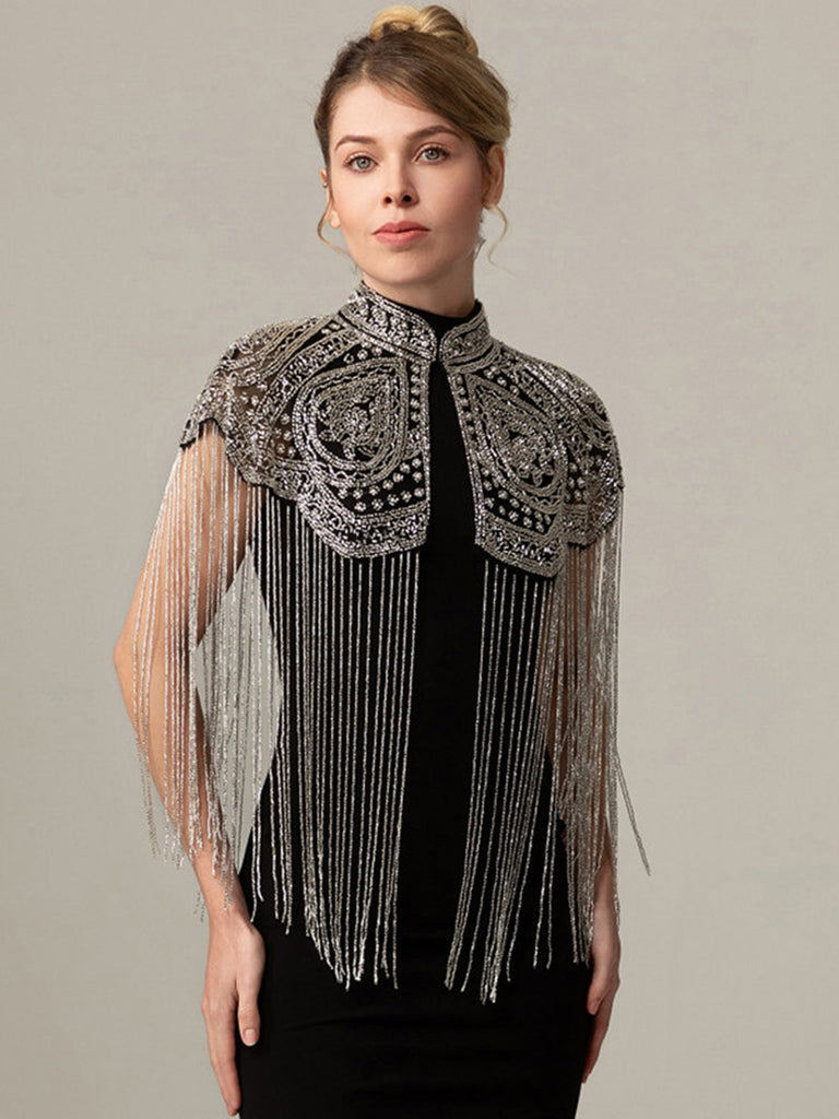 Cape Courte Gatsby à Col Montant, Perles et Franges Années 1920 - 10