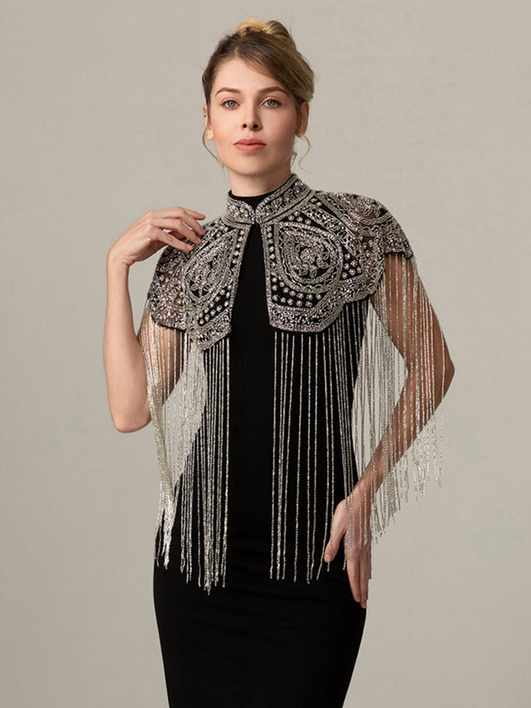 Cape Courte Gatsby à Col Montant, Perles et Franges Années 1920 - 11