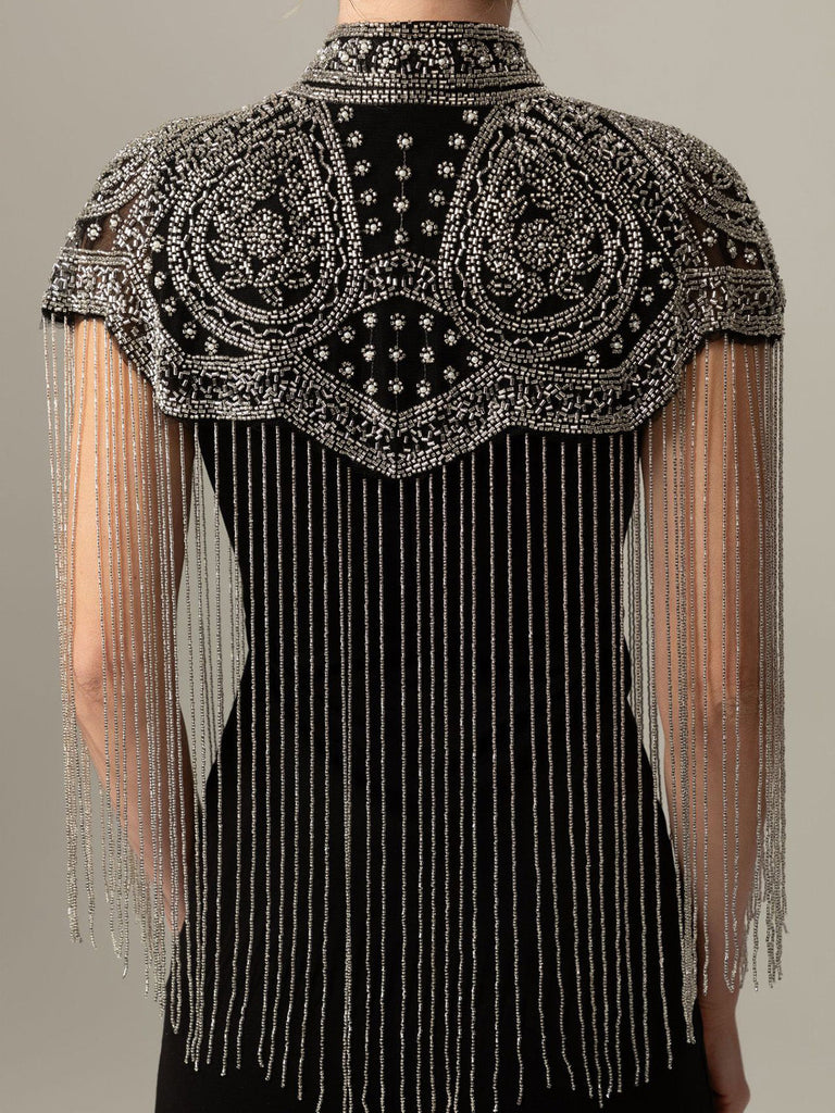 Cape Courte Gatsby à Col Montant, Perles et Franges Années 1920 - 12