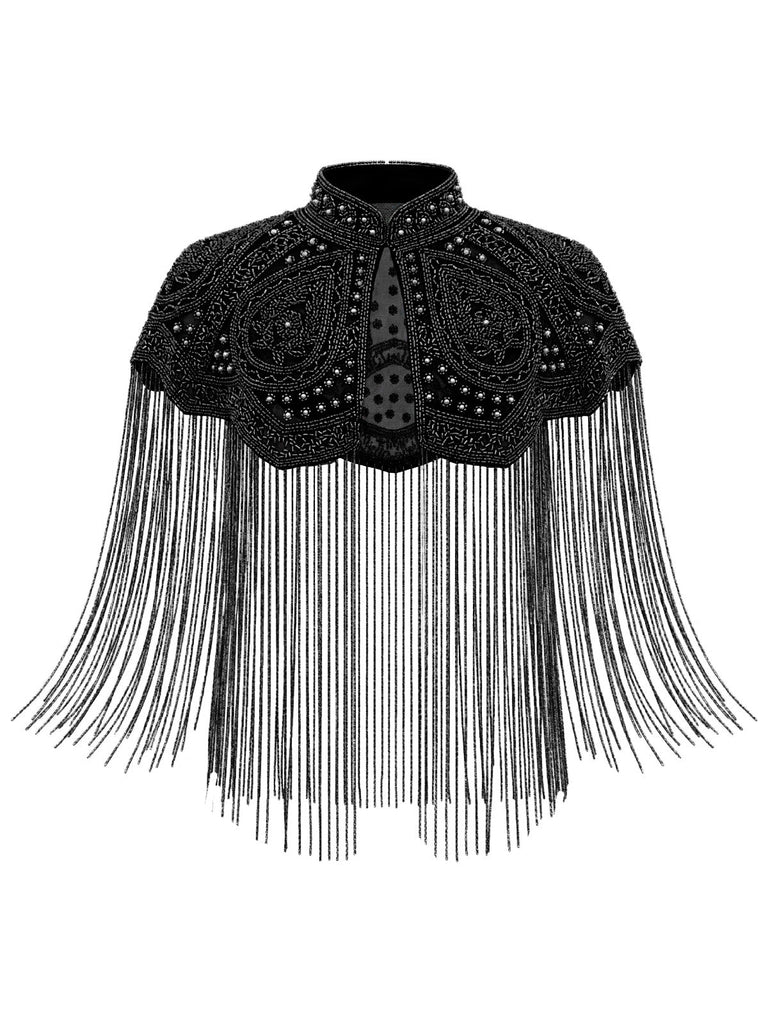 Cape Courte Gatsby à Col Montant, Perles et Franges Années 1920 - 1