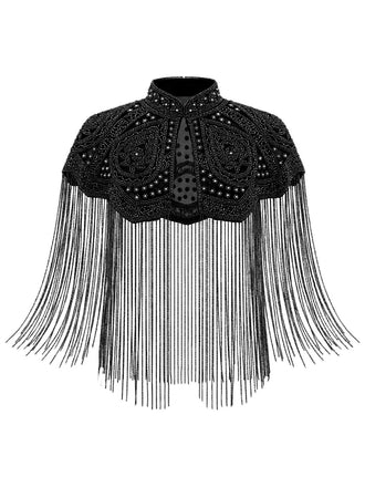 Cape Courte Gatsby à Col Montant, Perles et Franges Années 1920 - 1