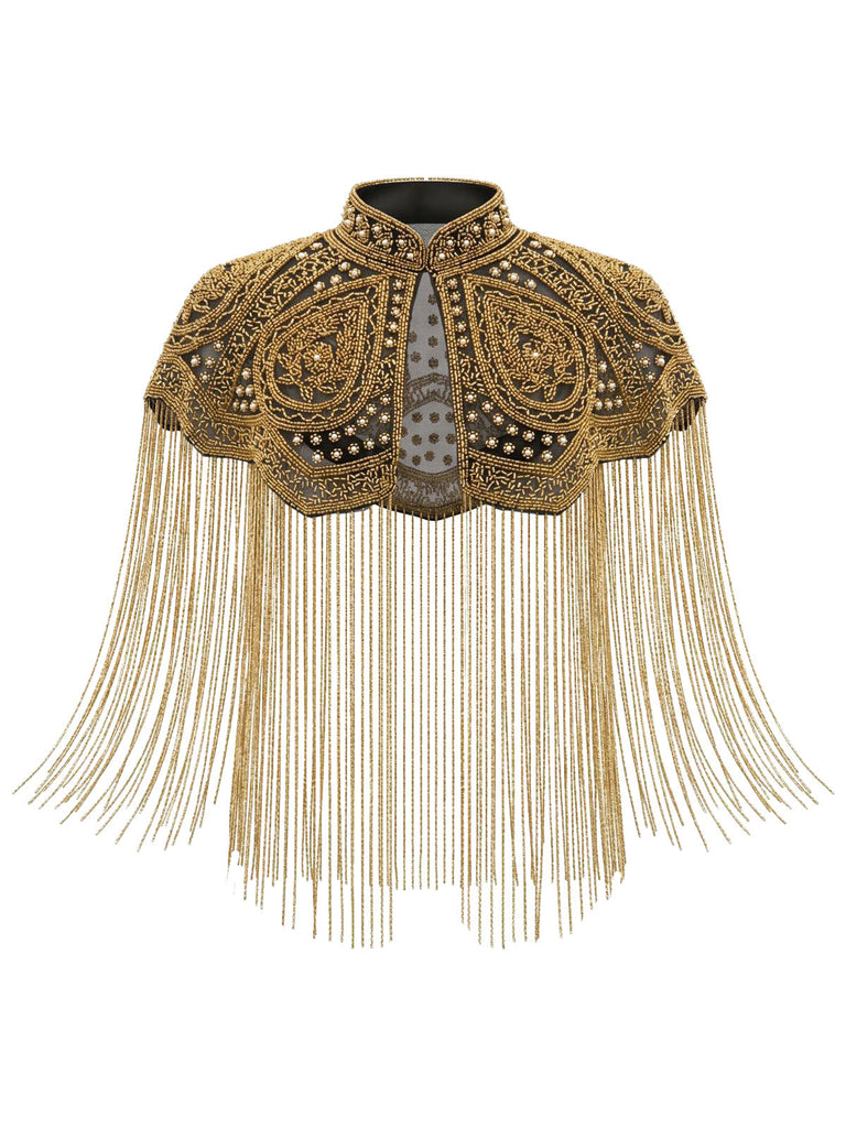 Cape Courte Gatsby à Col Montant, Perles et Franges Années 1920 - 3