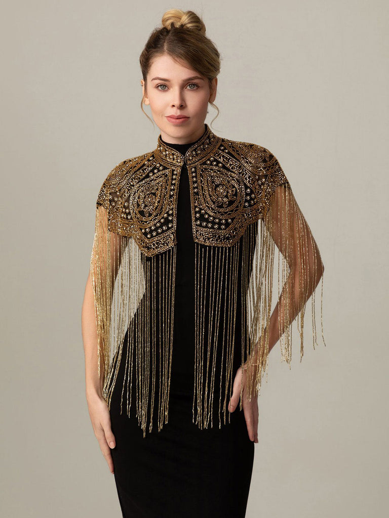 Cape Courte Gatsby à Col Montant, Perles et Franges Années 1920 - 7