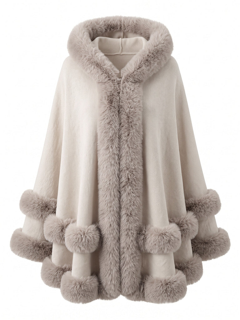 Cape Poncho en Maille à Capuche et Bordure en Fourrure Années 1930 - 1