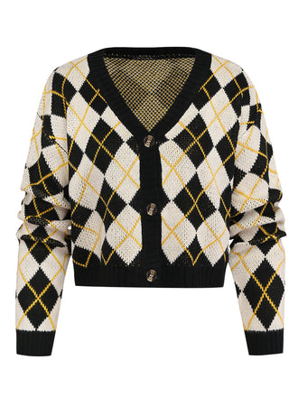 Cardigan en maille à losanges, col V et boutons Années 1980 - 1
