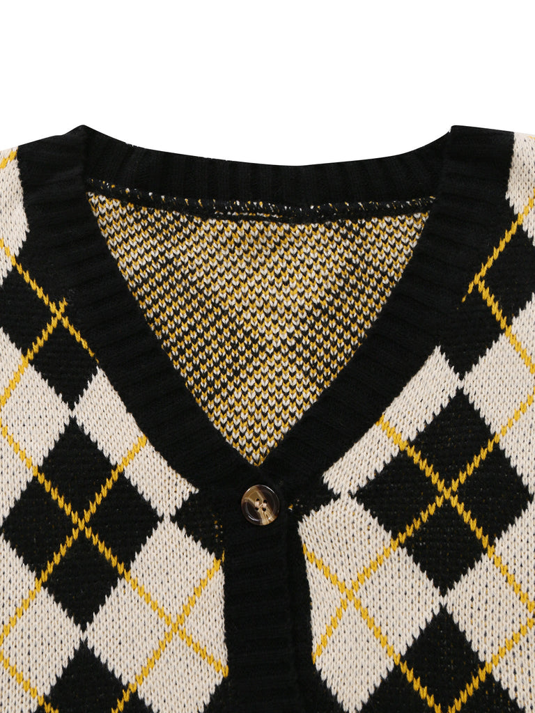 Cardigan en maille à losanges, col V et boutons Années 1980 - 5