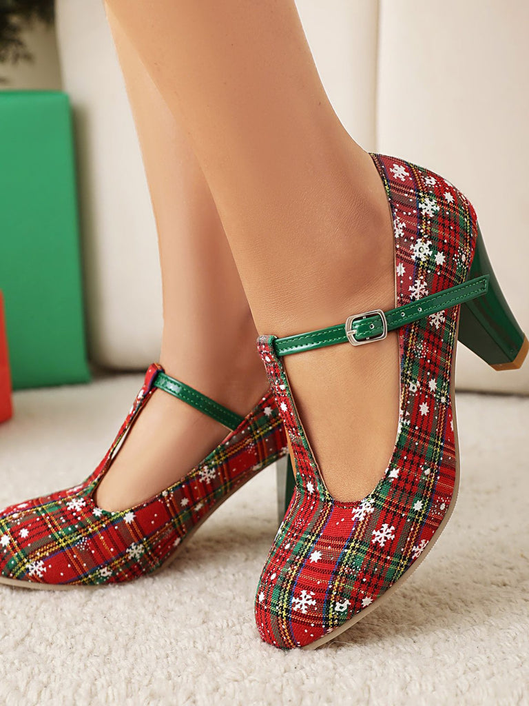 Chaussures Mary Jane à Talons Hauts, Bride en T, Carreaux et Flocons de Noël - 3
