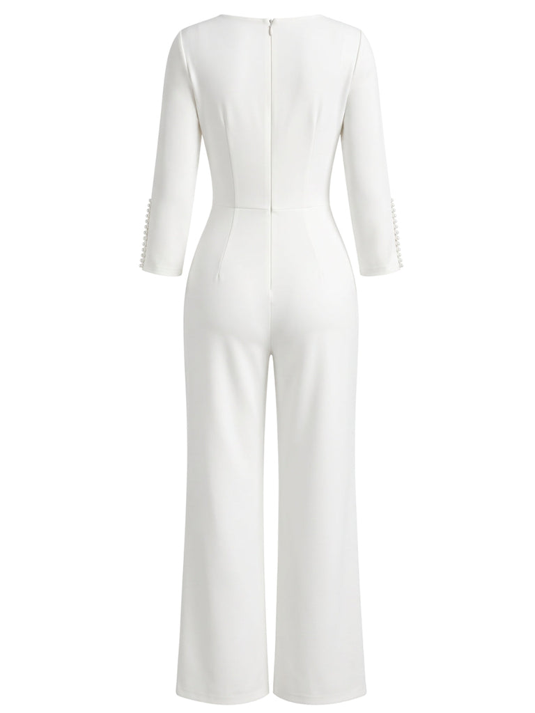 Combinaison blanche à col V, manches fendues et jambes larges années 1960 - 3
