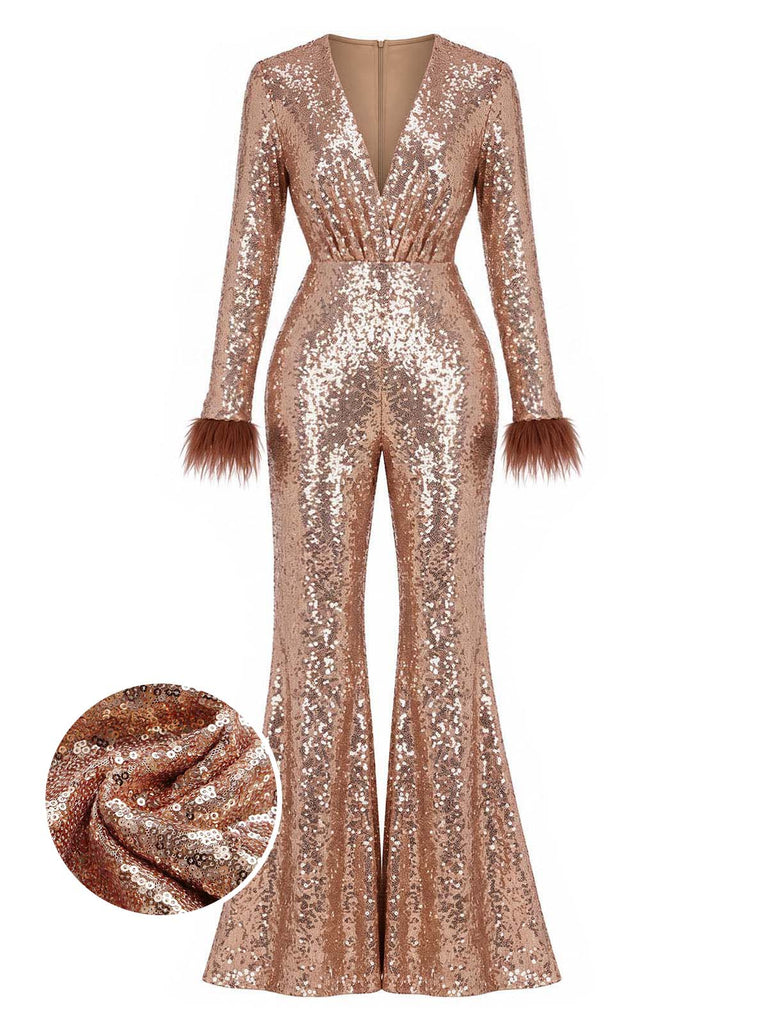 [Prévente] Combinaison disco évasée à sequins, décolleté profond et bordure en fausse fourrure années 1970 - 1