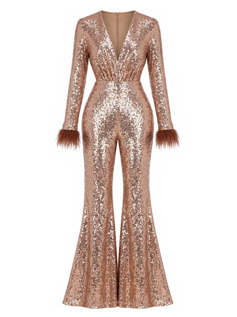 [Prévente] Combinaison disco évasée à sequins, décolleté profond et bordure en fausse fourrure années 1970 - 2