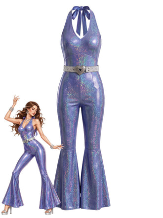 Combinaison disco métallisée holographique à col dos-nu, ceinture et jambes évasées Années 1970 - 1