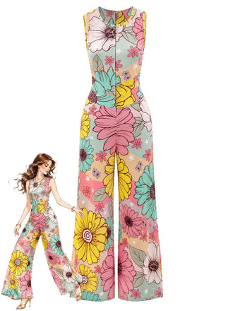 Combinaison Multicolore Fleurie à Dos Nu en Cœur et Jambes Larges Années 1970 - 1