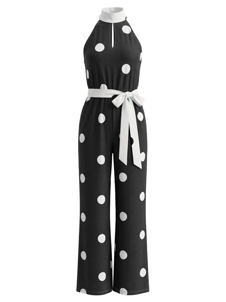 Combinaison sans manches à pois, col dos-nu, jambes larges et ceinture Années 1970 - 1