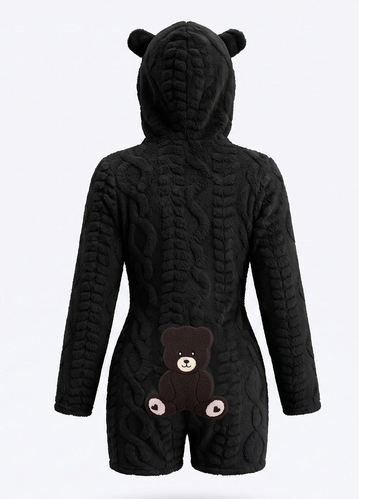 Combishort en polaire à capuche et ours en peluche brodé Années 1980 - 10