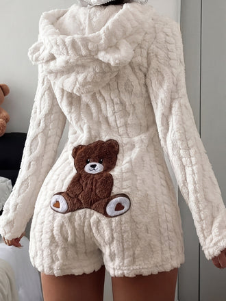 Combishort en polaire à capuche et ours en peluche brodé Années 1980 - 2