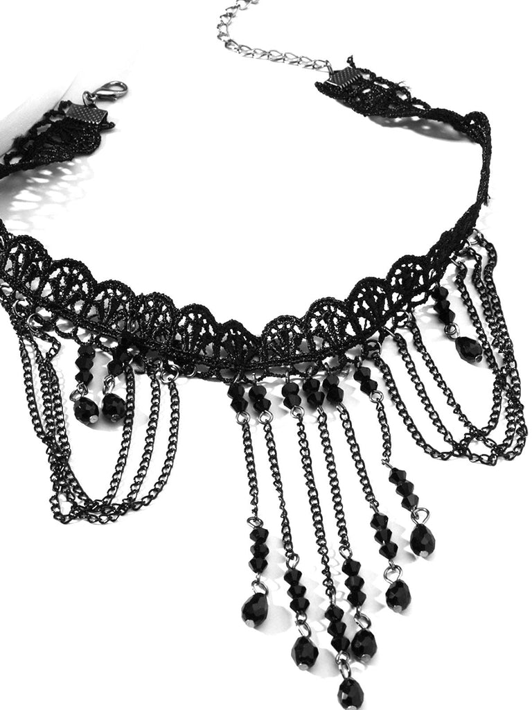 Collier ras du cou en dentelle gothique noire avec perles pour Halloween