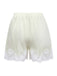 Back view of the cream satin pajama shorts highlighting the shimmering fabric and scalloped lace trim.