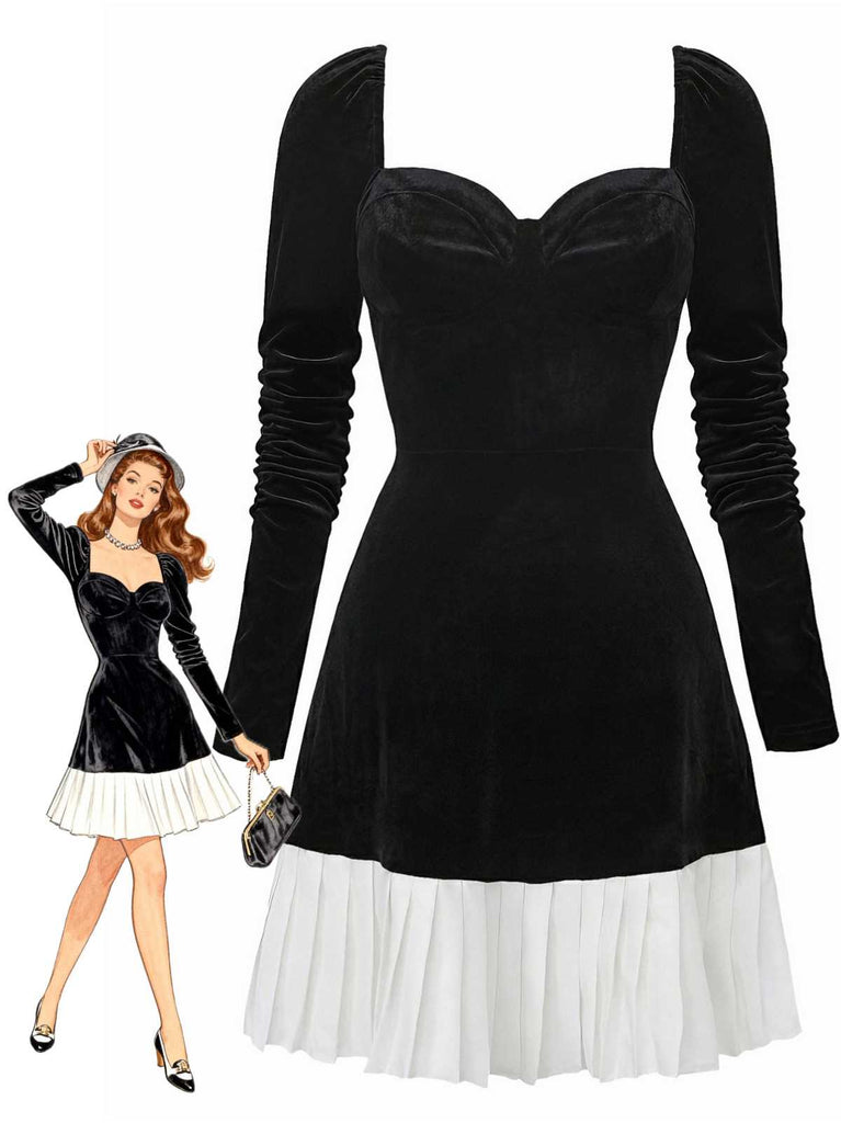 Robe col cœur et ourlet plissé en velours noir et blanc contrastée années 60