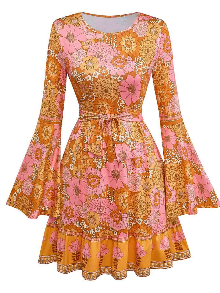 Robe fleurie orange hippie manches cloche des années 1960