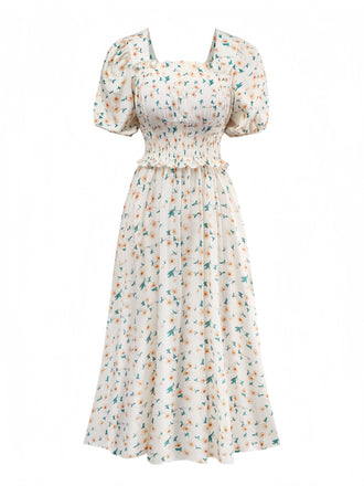 Robe jaune fleurs à col carré des années 1940