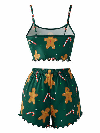 Ensemble pyjama en satin verte à pain d'épice et bonbons années 1970