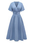 Robe manches volants froncée fendue col V uni des années 1940