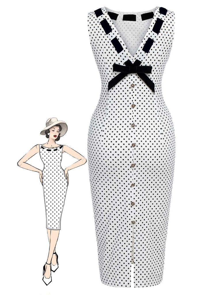 Robe crayon blanche à pois des années 1960