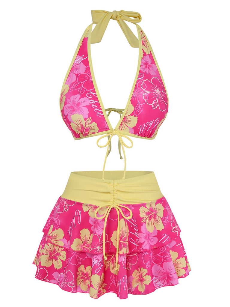 Ensemble bikini rose à imprimé floral à nouer sur le devant et à volants années 1960