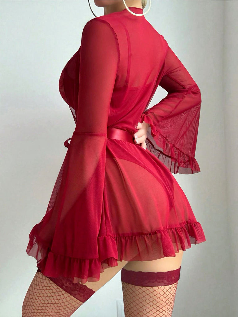 Ensemble de pyjama patchwork en dentelle transparente rouge années 1960