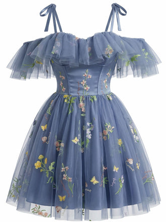 Épaules Dénudées Floral Brodé Filet Robe Années 1950