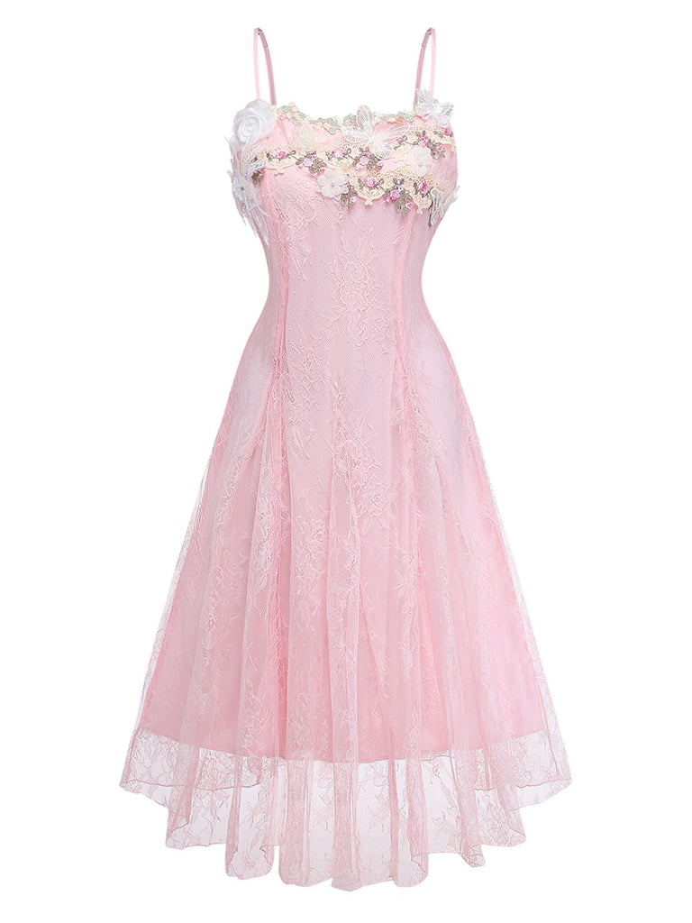 Robe longue rose à fines bretelles dentelle florale années 1940