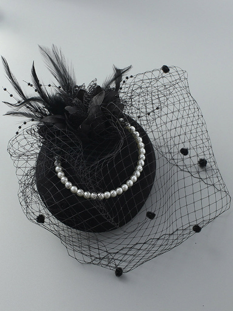 Chapeau fascinateur à plumes et perles vintage avec voile