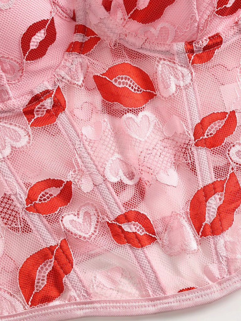 Corset Dentelle Rose Imprimé Bisou Saint-Valentin Année 1950
