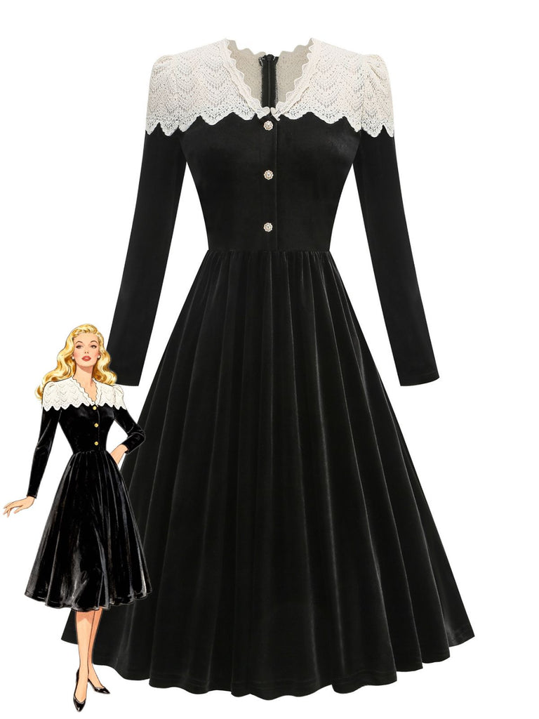 Robe noire en velours tricoté col et boutons nacrés années 1950