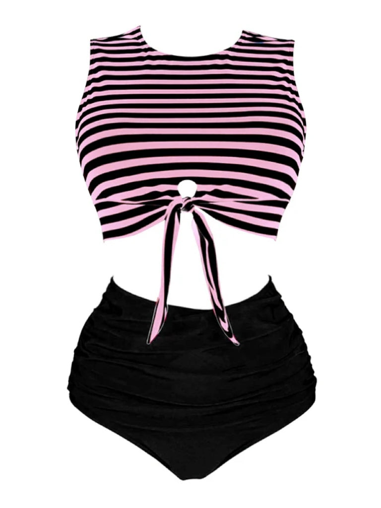 [Prévente] [Grande taille] Ensemble tankini rayé rose et noir à nœuds années 1970