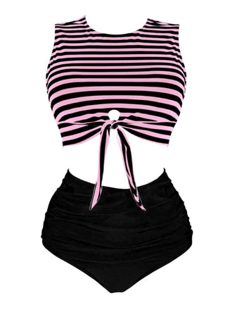 [Grande taille] Ensemble tankini rayé rose et noir à nœuds années 1970