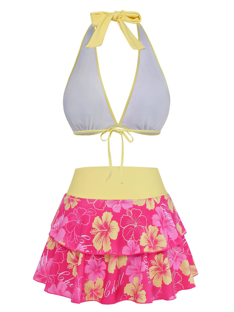 Ensemble bikini rose à imprimé floral à nouer sur le devant et à volants années 1960