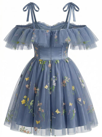 Épaules Dénudées Floral Brodé Filet Robe Années 1950 2