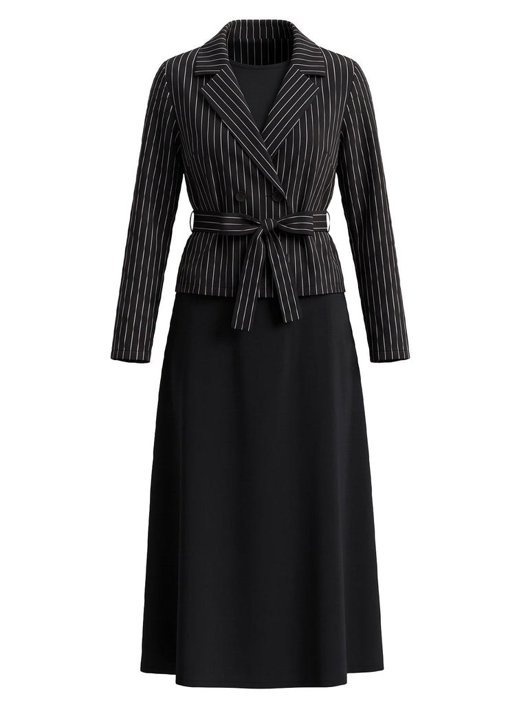Ensemble 2 pièces blazer à fines rayures et robe midi trapèze Années 1940 - 7