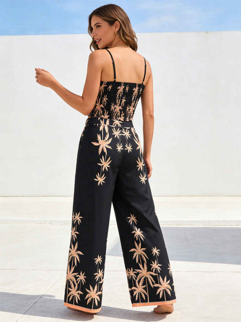 Ensemble 2 pièces caraco et pantalon large noirs imprimé palmiers tropicaux années 1970 - 4