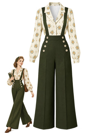 [Prévente] Ensemble 2 pièces chemise à imprimé floral et salopette Années 1960 - 1