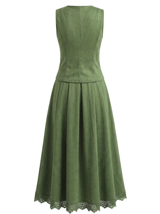 Ensemble 2 pièces gilet boutonné et jupe longue en suédine Années 1940 - 2