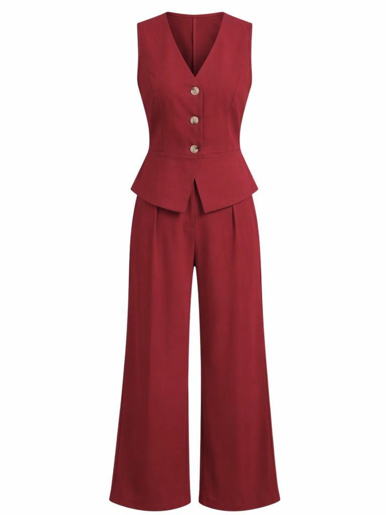 Ensemble 2 pièces gilet uni sans manches à col V et pantalon taille haute années 1980 - 2