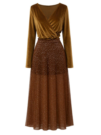 Ensemble 2 pièces haut disco marron foncé en velours et jupe en tulle à sequins années 1970 - 2