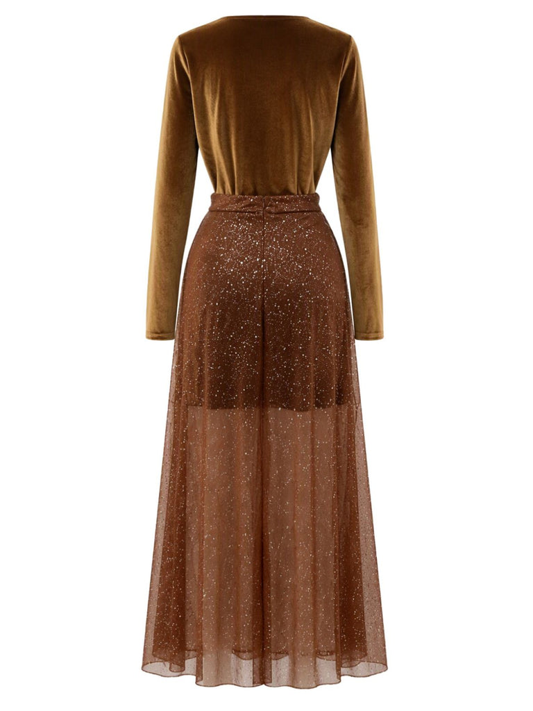 Ensemble 2 pièces haut disco marron foncé en velours et jupe en tulle à sequins années 1970 - 3