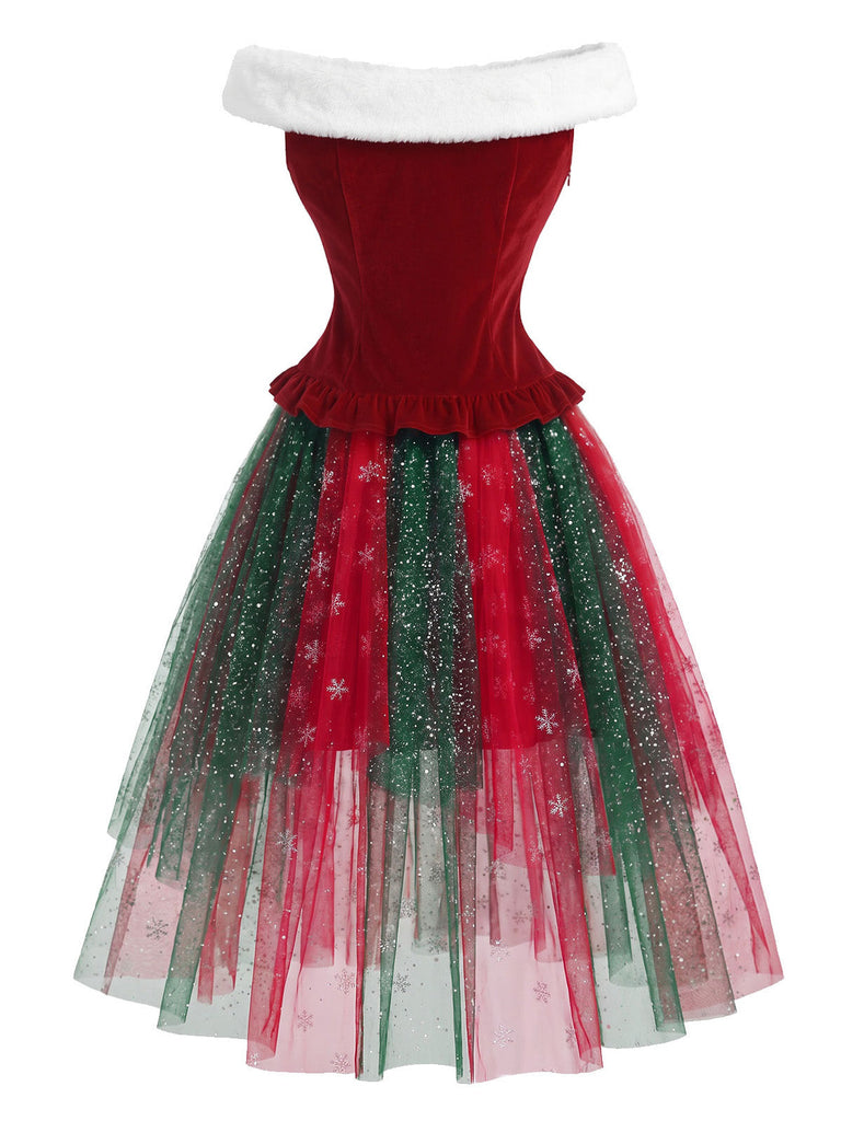 [Prévente] Ensemble 2 pièces haut en fourrure à épaules dénudées et jupe en tulle à flocons de Noël Années 1950 - 4