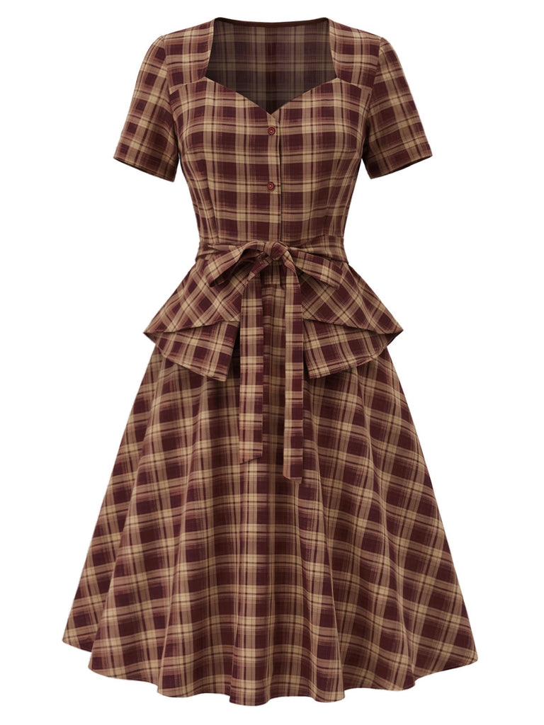 [Prévente] Ensemble 2 pièces haut rouge à basque et encolure diamant et jupe à carreaux Années 1950 - 2