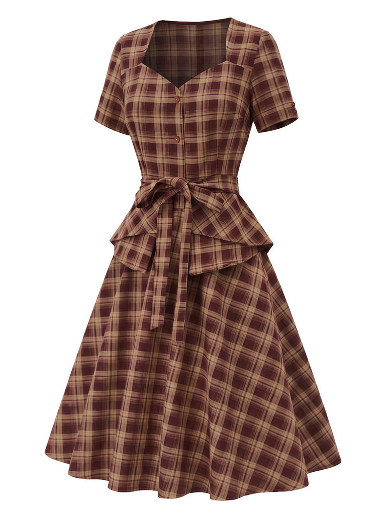 [Prévente] Ensemble 2 pièces haut rouge à basque et encolure diamant et jupe à carreaux Années 1950 - 3