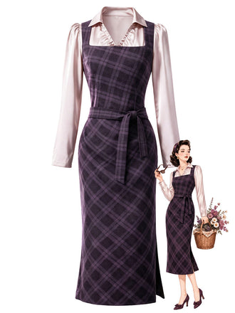 [Prévente] Ensemble 2 pièces robe crayon à carreaux violets et blouse en satin froncée à cordon années 1960 - 1